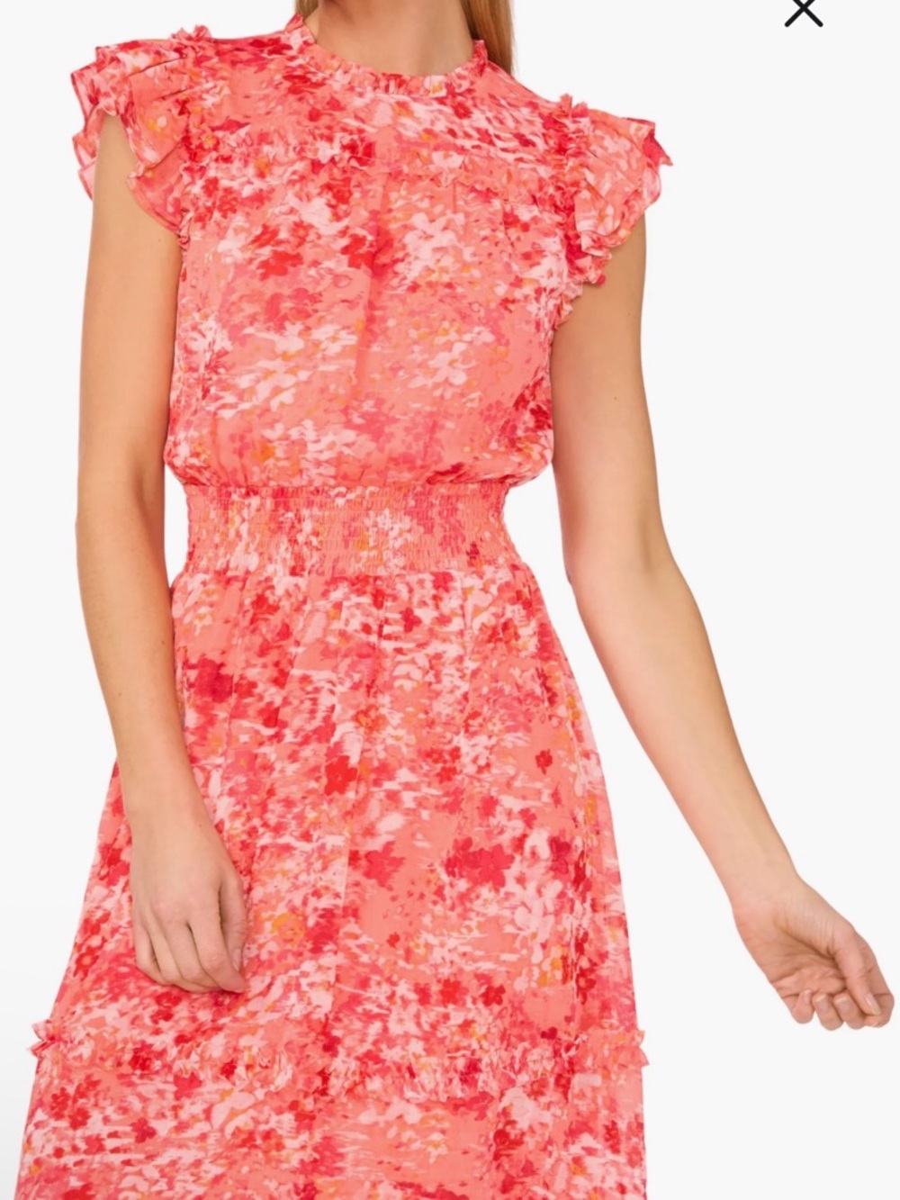 CECE Floral Ruffle Waist Dress in Coral Pink Size Large